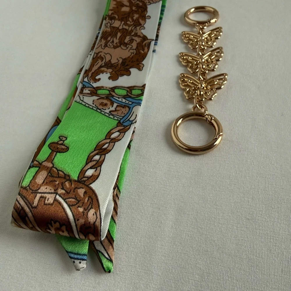 2 pieces Bag Accessories Green and Brown Scarf and Butterfly Extender Gold